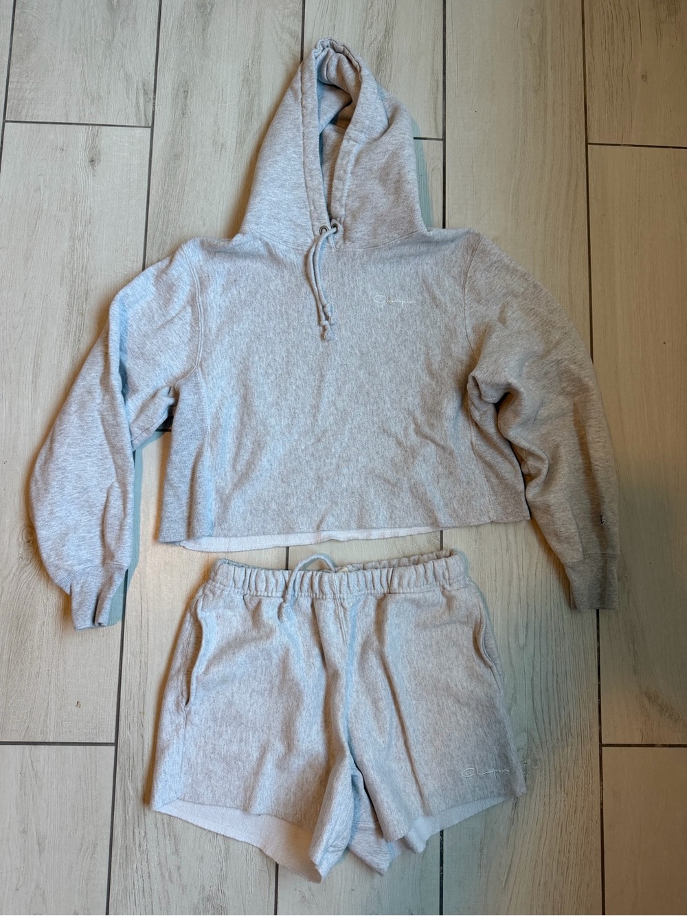 Champion Light Heather Gray Cropped Hoodie and Shorts Set